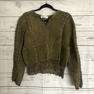 Autumn Green Leather Jacket with Embroidery